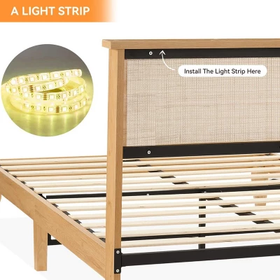 Rattan Bed Frame With Natural Rattan Headboard, Queen Bed Frame With LED Lights, Rattan Queen Bed Frame With Headboard 4 Rattan Bed Frame With Natural Rattan Headboard, Queen Bed Frame With LED Lights, Rattan Queen Bed Frame With Headboard - Image 4
