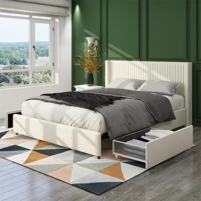 Queen Size Platform Bed Frame, 2-Drawer Storage Bed Frame Queen Size Velvet Upholstered Wingback Platform Bed, With Headboard, No Box Spring Needed 2 Queen Size Platform Bed Frame, 2-Drawer Storage Bed Frame Queen Size Velvet Upholstered Wingback Platform Bed, With Headboard, No Box Spring Needed - Image 2