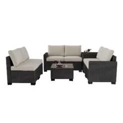 8 Piece Patio Furniture Set, Natural Rattan Wicker Outdoor Sectional With Cream Cushions, Glass Top Table & Hidden Storage