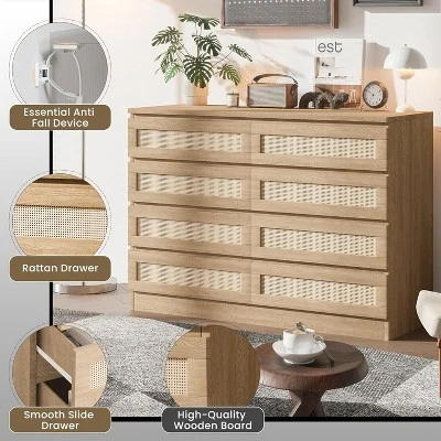 8-Drawer Rattan Double Dresser, Modern Wooden Storage Chest For Bedroom, Nursery, Closet, Living Room, And Entryway 4 8-Drawer Rattan Double Dresser, Modern Wooden Storage Chest For Bedroom, Nursery, Closet, Living Room, And Entryway - Image 4