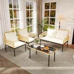 4-Piece Outdoor Patio Furniture Set, All-Weather PE Rattan Wicker Loveseat & Chairs With Glass Coffee Table & Steel Frame, Boho Conversation Set 13 4-Piece Outdoor Patio Furniture Set, All-Weather PE Rattan Wicker Loveseat & Chairs With Glass Coffee Table & Steel Frame, Boho Conversation Set -Garvee Sales GUEST 5be9b31b 5ad0 49a4 ad39 e15415ee21ab