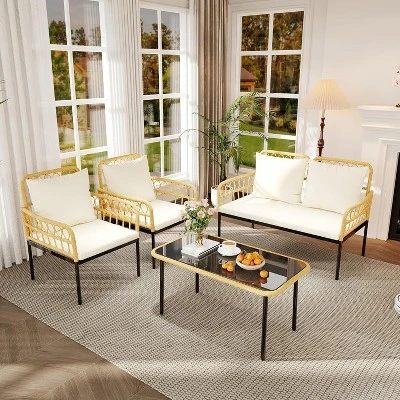 4-Piece Outdoor Patio Furniture Set, All-Weather PE Rattan Wicker Loveseat & Chairs With Glass Coffee Table & Steel Frame, Boho Conversation Set 6 4-Piece Outdoor Patio Furniture Set, All-Weather PE Rattan Wicker Loveseat & Chairs With Glass Coffee Table & Steel Frame, Boho Conversation Set - Image 6