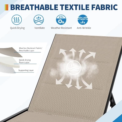 Outdoor Lounge Chairs With Wheels, Adjustable Backrest Poolside Loungers, Patio Chaise Lounge Chairs With Side Table Set Of 3 Khaki 5 Outdoor Lounge Chairs With Wheels, Adjustable Backrest Poolside Loungers, Patio Chaise Lounge Chairs With Side Table Set Of 3 Khaki - Image 5