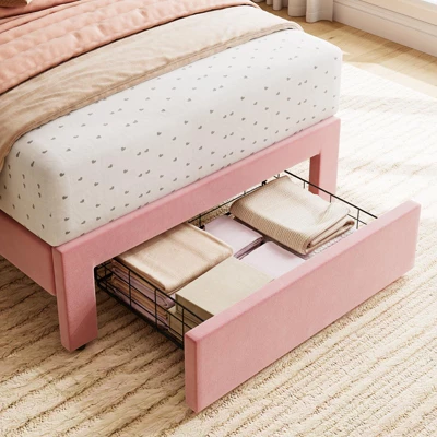 2 Sets Twin Bed Frame With Under-Bed Drawer, Velvet Upholstered Platform Bed With Wave Headboard,No Box Spring Needed 4 2 Sets Twin Bed Frame With Under-Bed Drawer, Velvet Upholstered Platform Bed With Wave Headboard,No Box Spring Needed - Image 4