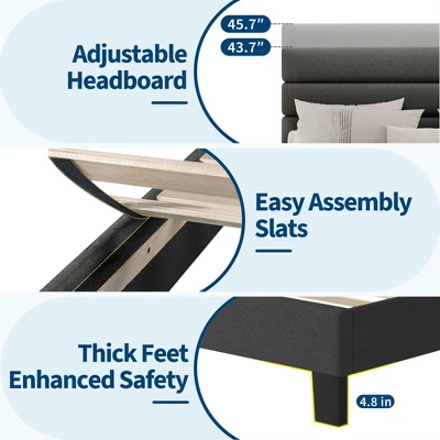 King Bed Frame Platform Bed With Adjustable Headboard, Linen Fabric Upholstered And Wooden Slats Support, Easy Assembly, Dark Grey 6 King Bed Frame Platform Bed With Adjustable Headboard, Linen Fabric Upholstered And Wooden Slats Support, Easy Assembly, Dark Grey - Image 6