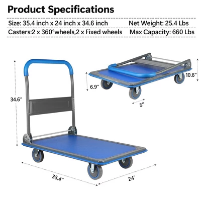Platform Truck Dolly Large Foldable Moving Cart For Easy Mobile Storage, 360 Degree Swivel Wheels 660 Lbs Weight Capacity 2 Platform Truck Dolly Large Foldable Moving Cart For Easy Mobile Storage, 360 Degree Swivel Wheels 660 Lbs Weight Capacity - Image 2