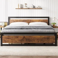 Full Size Bed Frame, 14 Inch King Size Bed Platform Industrial With Headboard No Box Spring Needed, Easy Assemble Mattress Bedframe Retro Brown -Garvee Sales GUEST 5ca40b3e bf84 4db8 b00f 964b32a04183