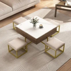 Lift Top Coffee Table With Hidden Storage, Modern Square Center Table With 4 Ottomans, Wood Cocktail Table Center Table For Living Room White -Garvee Sales GUEST 5cb3131e 88d9 4b14 9656 5c0274815fd2