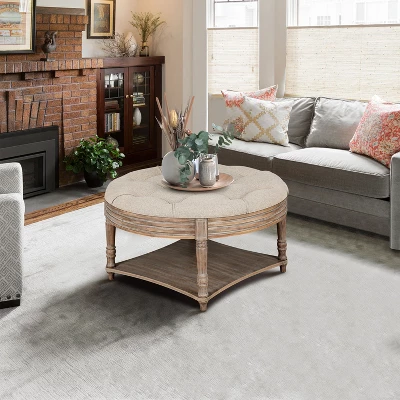 Large Round Ottoman Coffee Table,2 Tier Oversized Button Tufted Ottoman With Wooden Shelf Storage Farmhouse Upholstered Coffee Table 1 Large Round Ottoman Coffee Table,2 Tier Oversized Button Tufted Ottoman With Wooden Shelf Storage Farmhouse Upholstered Coffee Table
