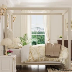 Canopy Bed Frame With Upholstered Headboard, Four Poster Design, Button Tufted, And Slide Rail, No Box Spring Required, Wooden Slatted Structure 14 Canopy Bed Frame With Upholstered Headboard, Four Poster Design, Button Tufted, And Slide Rail, No Box Spring Required, Wooden Slatted Structure -Garvee Sales GUEST 5dd11306 840e 42f7 8192 72feeed6e85c