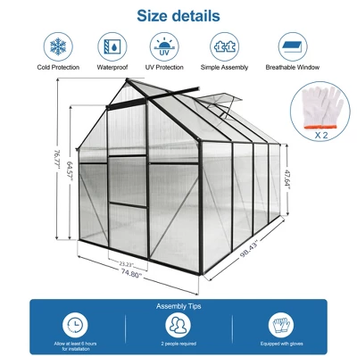 6x8 FT Polycarbonate Greenhouse, Aluminum Walk-in Greenhouses With Sliding Door & Raised Base, Plant Greenhouse For Outdoor Garden Backyard 2 6x8 FT Polycarbonate Greenhouse, Aluminum Walk-in Greenhouses With Sliding Door & Raised Base, Plant Greenhouse For Outdoor Garden Backyard - Image 2