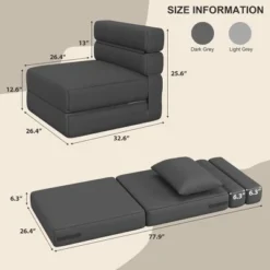 Folding Sofa Bed, Single Sleeper Chair With Memory Foam, Linen Fabric Convertible Couch, Foldable Floor Sofa For Living Room, Bedroom