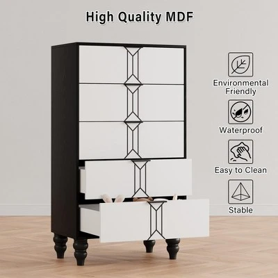 Modern Wooden 5 Drawer Dresser With Vintage Pattern Design, Tall Dresser With Deep Drawers For Bedroom, Living Room And Entryway, Oak And Gold 5 Modern Wooden 5 Drawer Dresser With Vintage Pattern Design, Tall Dresser With Deep Drawers For Bedroom, Living Room And Entryway, Oak And Gold - Image 5