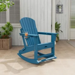 Adirondack Rocking Chair With Retractable Ottoman – Folding Outdoor Rocker Chair, Heavy Duty HDPE Material, Blue (380lb Capacity)