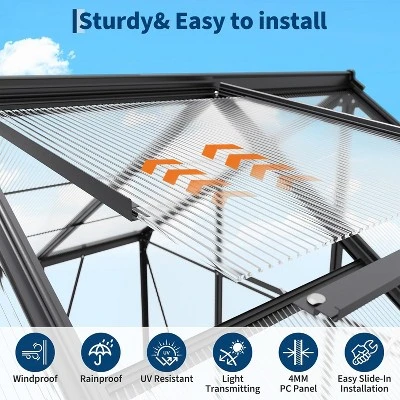 Garvee 6 X 8 FT Greenhouse, Greenhouse With Aluminum Frame, Lockable Door And Ajustable Roof Vent For Outside Garden Backyard, Patio, Black 2 Garvee 6 X 8 FT Greenhouse, Greenhouse With Aluminum Frame, Lockable Door And Ajustable Roof Vent For Outside Garden Backyard, Patio, Black - Image 2