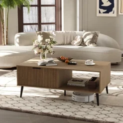 Coffee Table With Storage，Rectangular Wooden Coffee Table With Sliding Door And Solid Wood Legs, 2-Tier Cocktail Table -Garvee Sales GUEST 5ec93a81 7932 4b9e b8fc e381afb7bbd9