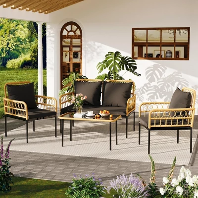 4-Piece Patio Set With Deep Seating & Waterproof Cushions, Boho Wicker Furniture With Coffee Table For Balcony, Backyard, Garden 8 4-Piece Patio Set With Deep Seating & Waterproof Cushions, Boho Wicker Furniture With Coffee Table For Balcony, Backyard, Garden - Image 8
