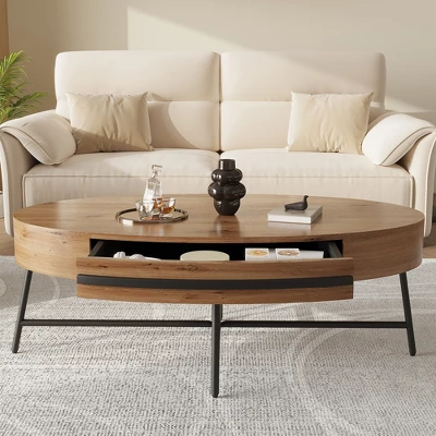 Oval Coffee Table Mid-Century Modern Center Table With Drawer Wooden Coffee Table With Storage And Cross Metal Legs 7 Oval Coffee Table Mid-Century Modern Center Table With Drawer Wooden Coffee Table With Storage And Cross Metal Legs - Image 7