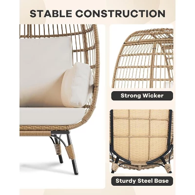 Oversize Rattan Egg Chair Outdoor Wicker Patio Lounge Chairs With Steel Frame Stand And 4 Cushions For Patio, Porch, Backyard, Living Rooms, Beige 3 Oversize Rattan Egg Chair Outdoor Wicker Patio Lounge Chairs With Steel Frame Stand And 4 Cushions For Patio, Porch, Backyard, Living Rooms, Beige - Image 3