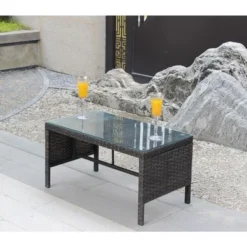 Outdoor Wicker Coffee Table, Rattan Side Table With Tempered Glass Top, Patio Furniture Garden Coffee Table For Balcony Garden Backyard Poolside -Garvee Sales GUEST 600ef27b 3256 40be 8d98 820daac32b6b