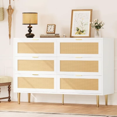 Rattan 6 Drawer Dresser, Wide Double Dresser With Gold Handles & Legs, Modern Chest With Large Storage For Bedroom Or Living Room 9 Rattan 6 Drawer Dresser, Wide Double Dresser With Gold Handles & Legs, Modern Chest With Large Storage For Bedroom Or Living Room - Image 9