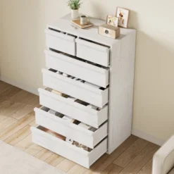 Garvee 7 Drawer Dresser For Bedroom, White 7 Chest Of Drawers Tall With Concave Handles, Wooden Dresser Organizer For Living Room Nursery Entryway
