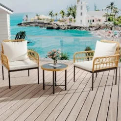 3 Piece Patio Bistro Set, Outdoor Wicker Apartment Balcony Furniture Sets, Rattan Table And Chairs Set Of 2, Beige -Garvee Sales GUEST 60940a8b 56e1 40f0 8f4c 297c1ce6e4d8