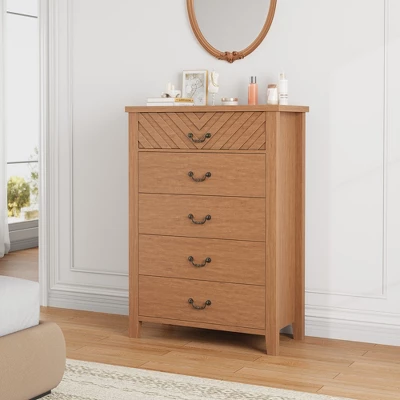 5 Drawer Dresser For Bedroom, 45.2" Tall Brown Chest Of Drawer With V Shape Design, Modern Wooden Closet Nightstand For Living Room Entryway Nursery 2 5 Drawer Dresser For Bedroom, 45.2" Tall Brown Chest Of Drawer With V Shape Design, Modern Wooden Closet Nightstand For Living Room Entryway Nursery - Image 2