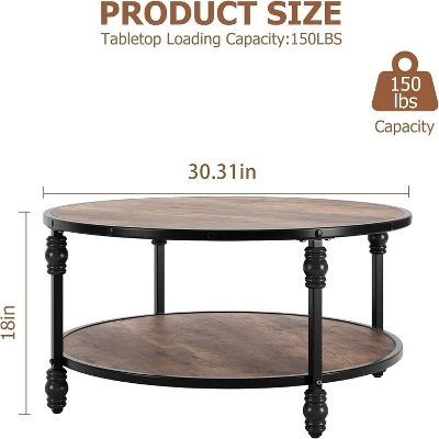 2-Tier Round Wood Coffee Table With Storage Shelf & Roman Column Metal Frame – Rustic Circle Center Table 2 2-Tier Round Wood Coffee Table With Storage Shelf & Roman Column Metal Frame – Rustic Circle Center Table - Image 2