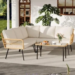 4-Piece Outdoor Wicker L-Shaped Patio Sofa Set With Cushions & Glass Coffee Table, Boho Sectional Set For Backyard, Garden, Or Poolside ¨C Beige -Garvee Sales GUEST 60fdfff7 ada9 46a7 86b8 6ac950dcb363