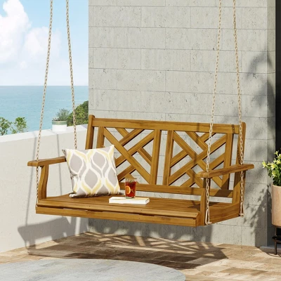Outdoor Porch Swing Chair, Acacia Wood Swing Chair Bench With Hanging Chain, Outdoor Patio Hanging Bench Chair Furniture 1 Outdoor Porch Swing Chair, Acacia Wood Swing Chair Bench With Hanging Chain, Outdoor Patio Hanging Bench Chair Furniture