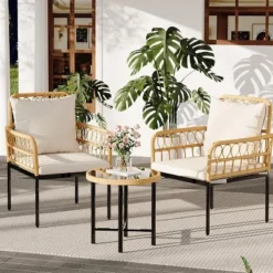 3 Piece Patio Bistro Set, Outdoor Wicker Apartment Balcony Furniture Sets, Rattan Table And Chairs Set Of 2, Beige