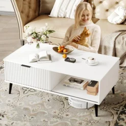 Garvee Fluted Coffee Table With Storage, Mid Century Dining Table With Sliding Door Panel And Wood Legs, Small Coffee Tables For Living Room -Garvee Sales GUEST 6235c5c9 752b 4f8f aae1 893d32c7994f
