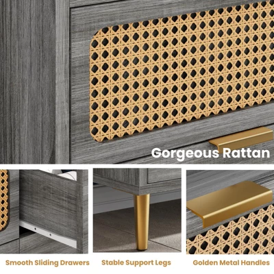 6 Drawer Double Dresser For Bedroom, Modern Chest Of Drawers With Rattan Accents, Wooden Storage Organizer For Living Room, Hallway, Entryway 4 6 Drawer Double Dresser For Bedroom, Modern Chest Of Drawers With Rattan Accents, Wooden Storage Organizer For Living Room, Hallway, Entryway - Image 4