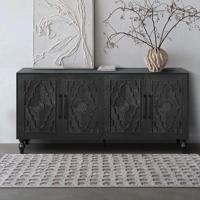Sideboard Buffet, Wood Floor Cabinet With Carved Flower Door, Metal Handle, Freestanding Sideboard 5 Sideboard Buffet, Wood Floor Cabinet With Carved Flower Door, Metal Handle, Freestanding Sideboard - Image 5