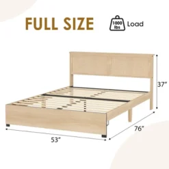 Rattan Bed Frame Bed Frame With 2 Drawers, Wooden Platform Bed With Rattan Headboard, Led Lights