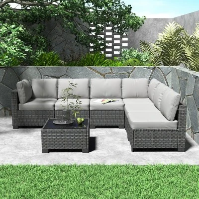 7 Piece Patio Furniture Set - PE Rattan Wicker Sectional Sofa With Cushions & Glass Coffee Table For Garden, Balcony, Porch, Backyard 4 7 Piece Patio Furniture Set - PE Rattan Wicker Sectional Sofa With Cushions & Glass Coffee Table For Garden, Balcony, Porch, Backyard - Image 4