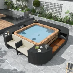 Spa Surround Spa Frame, Patio Rattan Sectional Sofa Set With Storage Spaces & Seats, Quadrilateral Outdoor Conversation Sofa Set For Poolside Garden