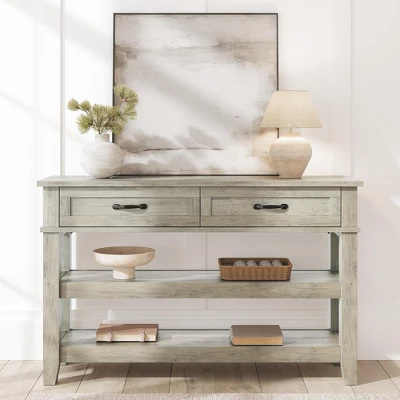 Garvee 3 Tier Entryway Console Wooden Table Sofa Table With 2 Storage Drawers, Farmhouse Wooden Hallway Tables For Entryway, Living Room, Grey 2 Garvee 3 Tier Entryway Console Wooden Table Sofa Table With 2 Storage Drawers, Farmhouse Wooden Hallway Tables For Entryway, Living Room, Grey - Image 2