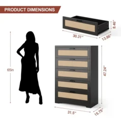 Tall Rattan Dresser With 5 Drawers,Wooden Spacious Storage Chest Of Drawers With Wide Top,Handles,Easy To Assemble,Modern Dresser