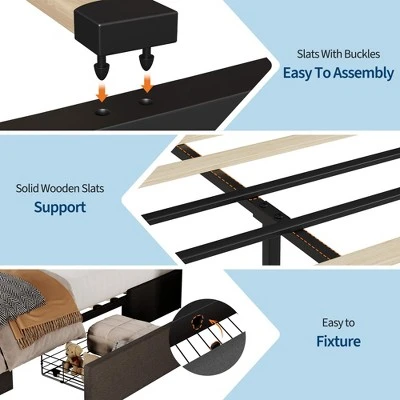 Full Size Platform Bed Frame With Storage - Grey Fabric Upholstered, 3 Drawers, Noise-Free Wood Slats Support, No Box Spring Needed, Easy Assembly 7 Full Size Platform Bed Frame With Storage - Grey Fabric Upholstered, 3 Drawers, Noise-Free Wood Slats Support, No Box Spring Needed, Easy Assembly - Image 7