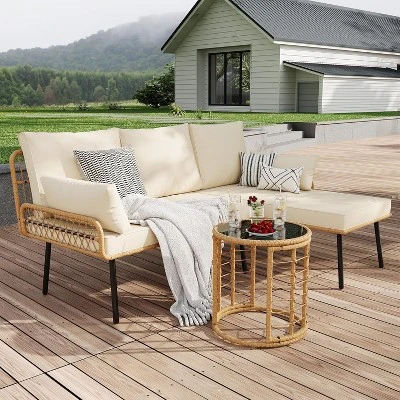 3-Piece L-Shaped Patio Furniture Set, Outdoor Conversation Sofa Set With PE Wicker 2 3-Piece L-Shaped Patio Furniture Set, Outdoor Conversation Sofa Set With PE Wicker - Image 2