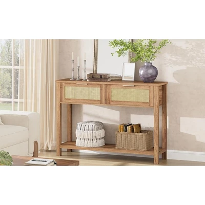 Entryway Table With Drawers, Rattan Console Table With Storage, Boho 2-Tier Sofa Table For Living Room And Hallway 9 Entryway Table With Drawers, Rattan Console Table With Storage, Boho 2-Tier Sofa Table For Living Room And Hallway - Image 9