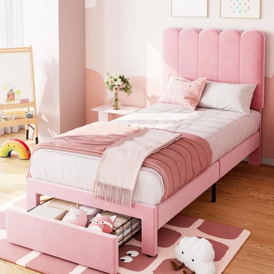 Twin Bed Frame With Storage Drawer And Headboard, Velvet Upholstered Twin Platform Bed Frame For Girls, Strong Wooden Slats Support, Noise-Free 9 Twin Bed Frame With Storage Drawer And Headboard, Velvet Upholstered Twin Platform Bed Frame For Girls, Strong Wooden Slats Support, Noise-Free - Image 9