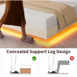 Full/Queen Size Floating Bed Frame With RGB LED Lights & Charging Station - Upholstered Suspended Bed, Storage Headboard, No Box Spring Needed 12 Full/Queen Size Floating Bed Frame With RGB LED Lights & Charging Station - Upholstered Suspended Bed, Storage Headboard, No Box Spring Needed -Garvee Sales GUEST 64b94783 3829 49ca a613 569fb63f500b