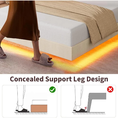 Full/Queen Size Floating Bed Frame With RGB LED Lights & Charging Station - Upholstered Suspended Bed, Storage Headboard, No Box Spring Needed 6 Full/Queen Size Floating Bed Frame With RGB LED Lights & Charging Station - Upholstered Suspended Bed, Storage Headboard, No Box Spring Needed - Image 6