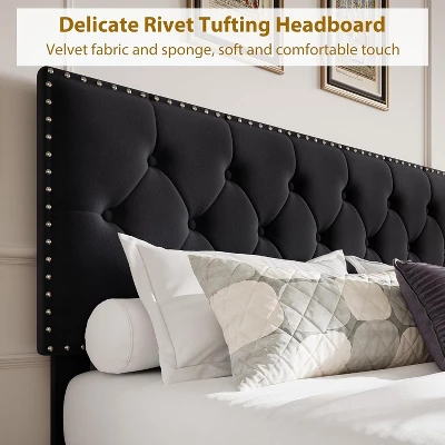 Garvee Upholstered Full Bed Frame With Storage Drawers, Velvet Platform Bed With Tufted Headboard & Rivets, No Box Spring Needed, Noise Free, Black 4 Garvee Upholstered Full Bed Frame With Storage Drawers, Velvet Platform Bed With Tufted Headboard & Rivets, No Box Spring Needed, Noise Free, Black - Image 4