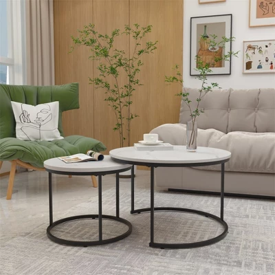Nesting Coffee Table Set Of 2, 27.6inch Round Coffee Table Wood Marble Pattern Top With Sturdy Metal Frame, End Table Side Tables 7 Nesting Coffee Table Set Of 2, 27.6inch Round Coffee Table Wood Marble Pattern Top With Sturdy Metal Frame, End Table Side Tables - Image 7