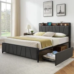 Whizmax Four Size Bed Frame With 2 Storage Drawers And Charging Station, Rustic Linen Upholstered Platform Bed Frame With Storage Headboard, Gray 16 Whizmax Four Size Bed Frame With 2 Storage Drawers And Charging Station, Rustic Linen Upholstered Platform Bed Frame With Storage Headboard, Gray -Garvee Sales GUEST 65c29b3a a8d2 4341 93b7 be319892375a
