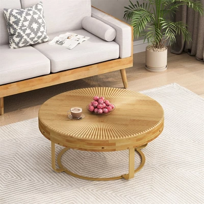 Center Tables, Modern Round Coffee Table Wooden Carving Pattern Coffee Table With Metal Legs For Living Room Reception Room Office 2 Center Tables, Modern Round Coffee Table Wooden Carving Pattern Coffee Table With Metal Legs For Living Room Reception Room Office - Image 2